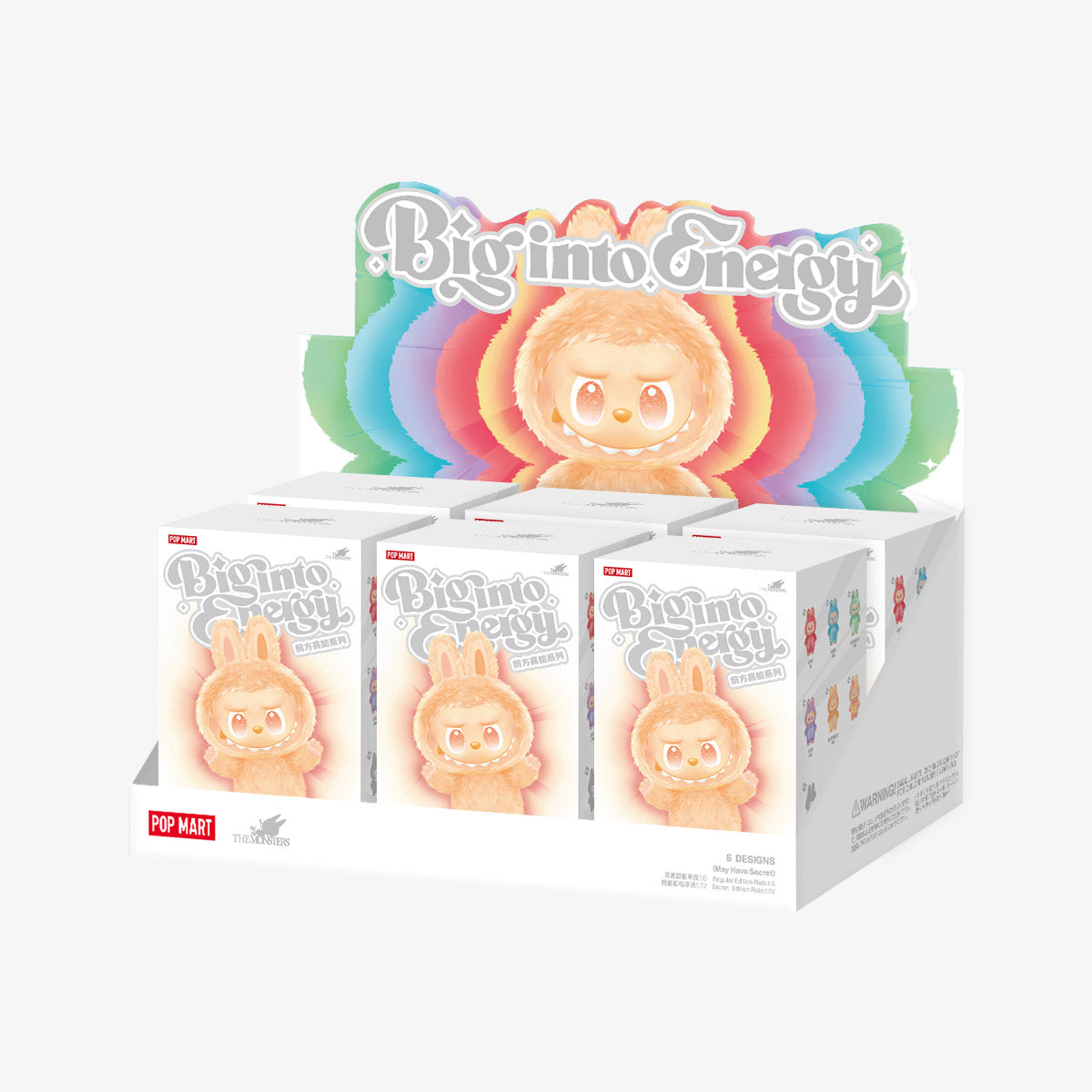 POP MART The Monsters Labubu Big Into Energy 6-Pack Full Set display box with six blind boxes shown on a neutral background, secret figure not guaranteed