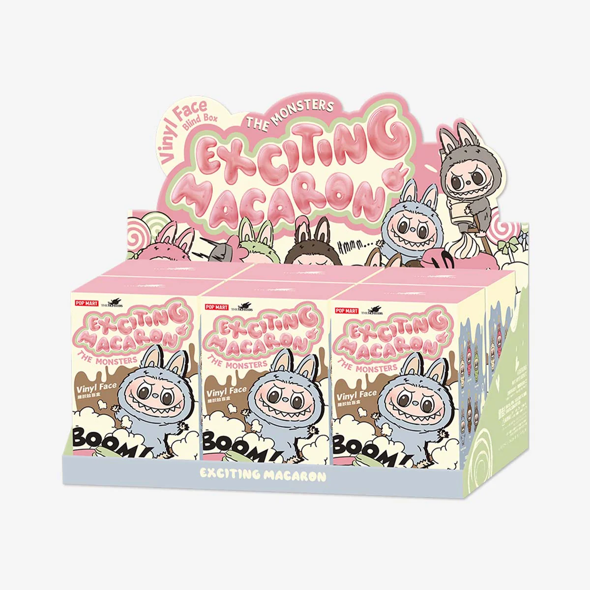 POP MART The Monsters Labubu Exciting Macaron 6-Pack Full Set display box with six blind boxes shown on a neutral background, secret figure not guaranteed