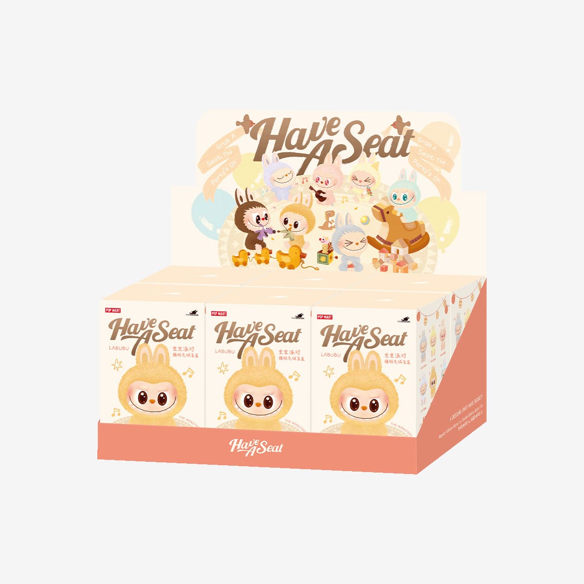 POP MART The Monsters Labubu Have a Seat 6-Pack Full Set display box with six blind boxes shown on a neutral background, secret figure not guaranteed