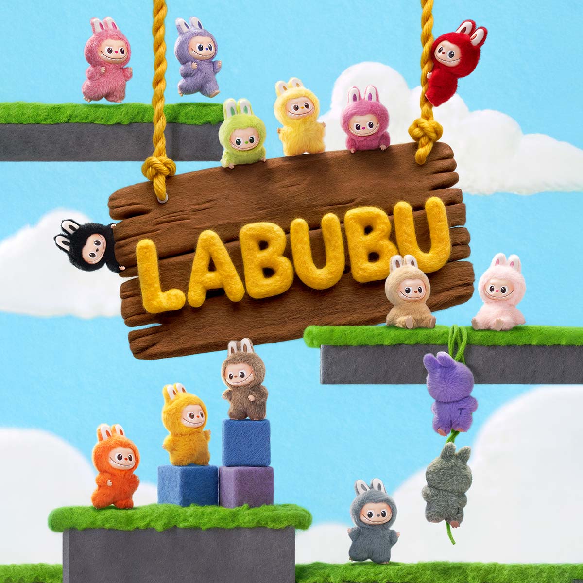 POP MART The Monsters Labubu homepage banner with colorful Labubu figures and a wooden Labubu sign on a sky background